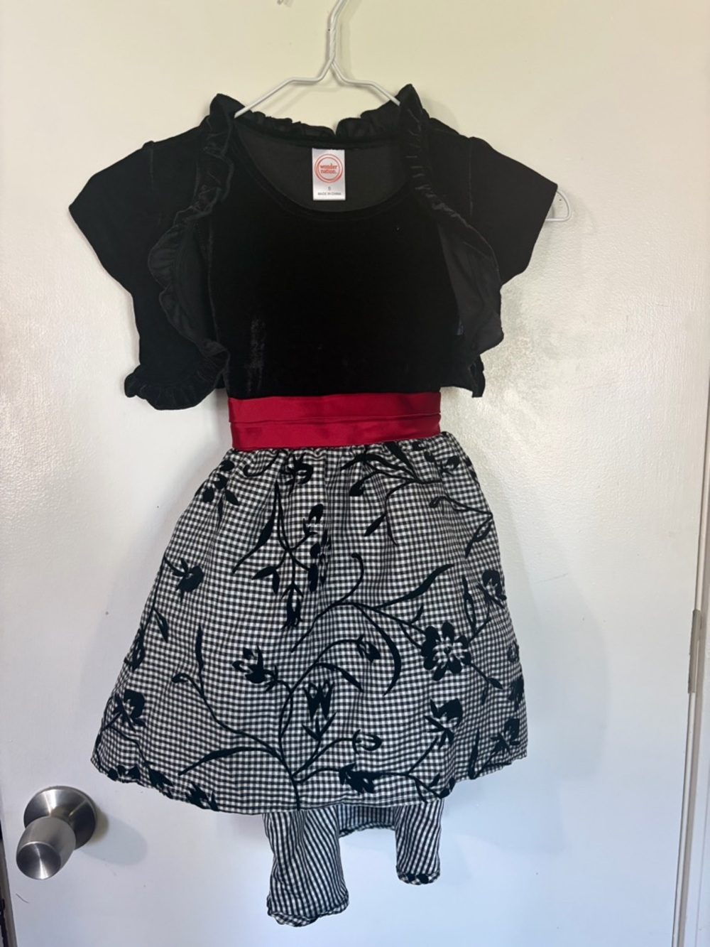 Girls 5 Black Velvet Top Red Waistband & Black Floral Gingham High-Low Bottom